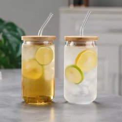 Vaso de Vidrio 500 ml con Tapa de Bambú y Sorbete | Reutilizable y Ecológico