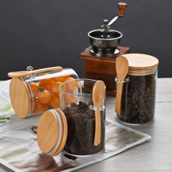 Frasco de Vidrio 500 ml con Cuchara y Tapa de Bambú | BPA Free y Apto Freezer