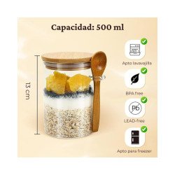 Frasco de Vidrio 500 ml con Cuchara y Tapa de Bambú | BPA Free y Apto Freezer